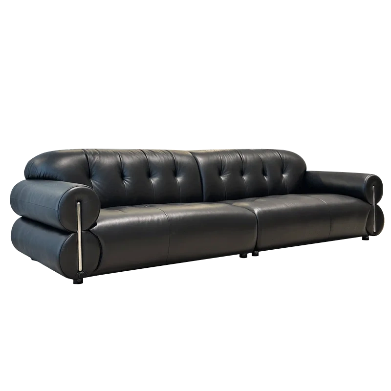 Modern Black Leather Sofa with Button-Tufted Backrest,Modern Black Leather Sofa with Button-Tufted Backrest