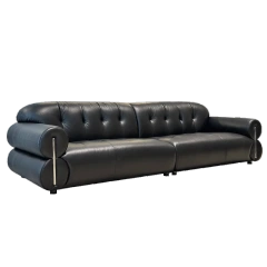 Modern Black Leather Sofa with Button-Tufted Backrest,Modern Black Leather Sofa with Button-Tufted Backrest