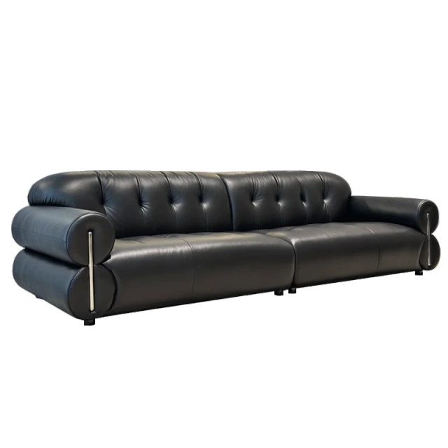 Modern Black Leather Sofa with Button-Tufted Backrest,Modern Black Leather Sofa with Button-Tufted Backrest