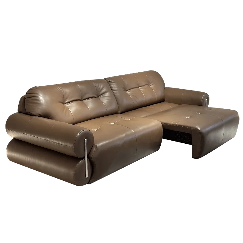 Chic Brown Leather L-Shaped Sofa with Extended Chaise Lounge,Chic Brown Leather L-Shaped Sofa with Extended Chaise Lounge