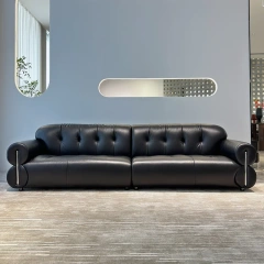 Modern Black Leather Sofa with Button-Tufted Backrest,Modern Black Leather Sofa with Button-Tufted Backrest