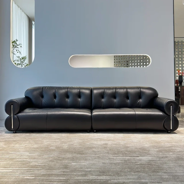 Modern Black Leather Sofa with Button-Tufted Backrest,Modern Black Leather Sofa with Button-Tufted Backrest