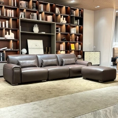 Sophisticated Dark Brown Leather Sofa with Flared Arms and Pockets,Sophisticated Dark Brown Leather Sofa with Flared Arms and Pockets