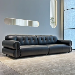 Modern Black Leather Sofa with Button-Tufted Backrest,Modern Black Leather Sofa with Button-Tufted Backrest