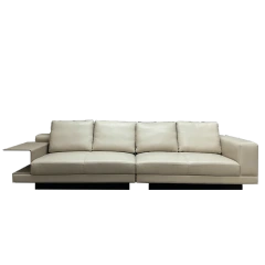 Modern Cream White Leather Sofa with Integrated Side Table,Modern Cream White Leather Sofa with Integrated Side Table