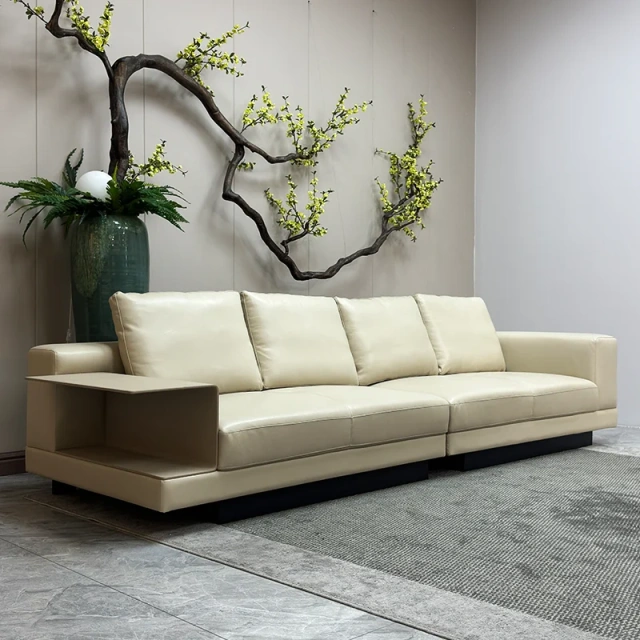 Modern Cream White Leather Sofa with Integrated Side Table,Modern Cream White Leather Sofa with Integrated Side Table