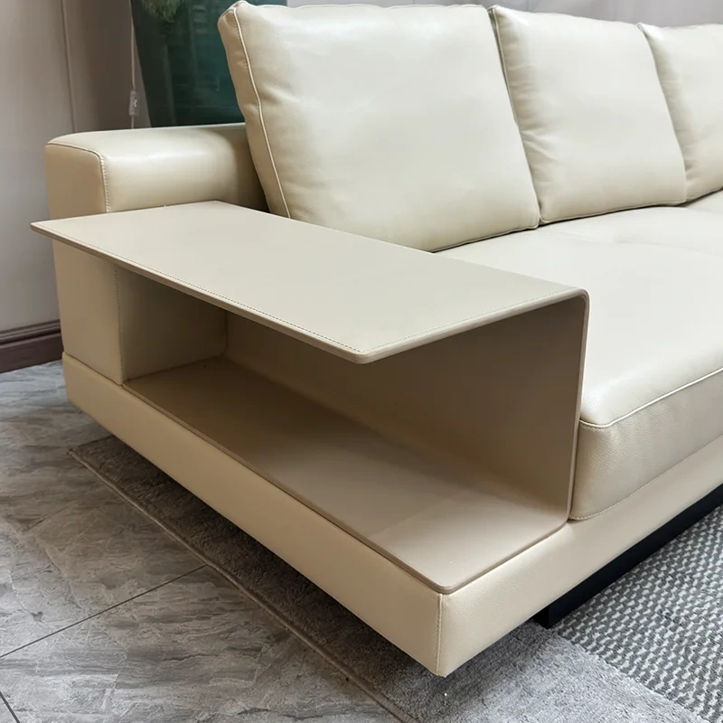 Modern Cream White Leather Sofa with Integrated Side Table,Modern Cream White Leather Sofa with Integrated Side Table