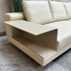 Modern Cream White Leather Sofa with Integrated Side Table,Modern Cream White Leather Sofa with Integrated Side Table