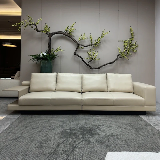 Modern Cream White Leather Sofa with Integrated Side Table,Modern Cream White Leather Sofa with Integrated Side Table