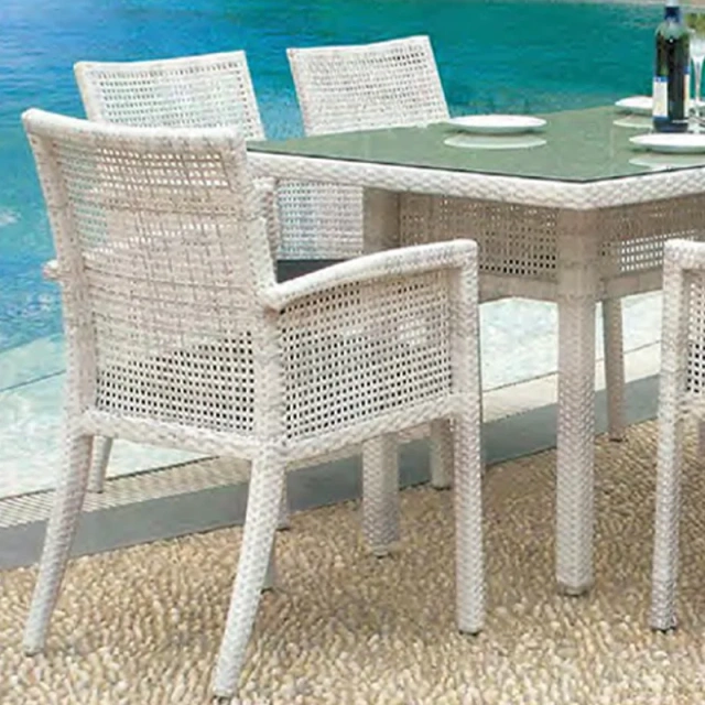 Beachfront White Wicker Outdoor Dining Set with Glass-Top Table,Beachfront White Wicker Outdoor Dining Set with Glass-Top Table