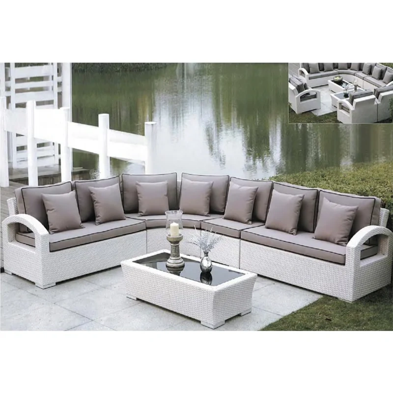 Outdoor Patio Wicker Sofa Set with Glass Top Coffee Table and Taupe Cushions,Outdoor Patio Wicker Sofa Set with Glass Top Coffee Table and Taupe Cushions