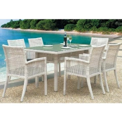 Beachfront White Wicker Outdoor Dining Set with Glass-Top Table,Beachfront White Wicker Outdoor Dining Set with Glass-Top Table