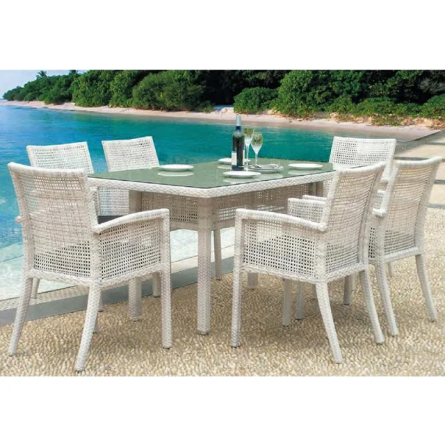 Beachfront White Wicker Outdoor Dining Set with Glass-Top Table,Beachfront White Wicker Outdoor Dining Set with Glass-Top Table