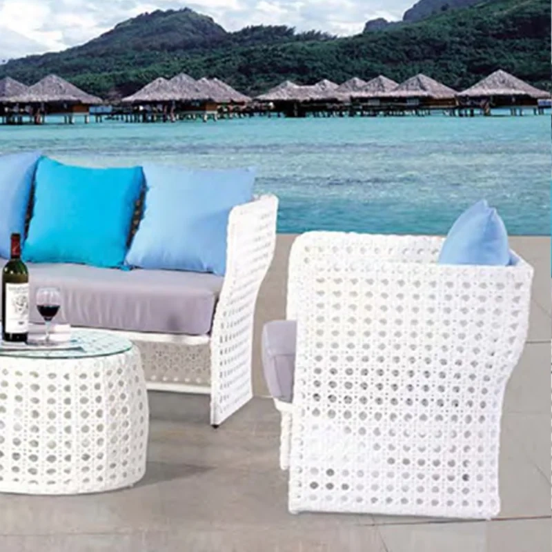 Beachside White Wicker Sofa Set with Circular Glass Coffee Table and Cushions,Beachside White Wicker Sofa Set with Circular Glass Coffee Table and Cushions