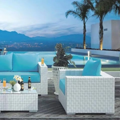 Luxurious White Rattan Patio Sofa Set with Aqua Blue Cushions and Glass Table,Luxurious White Rattan Patio Sofa Set with Aqua Blue Cushions and Glass Table