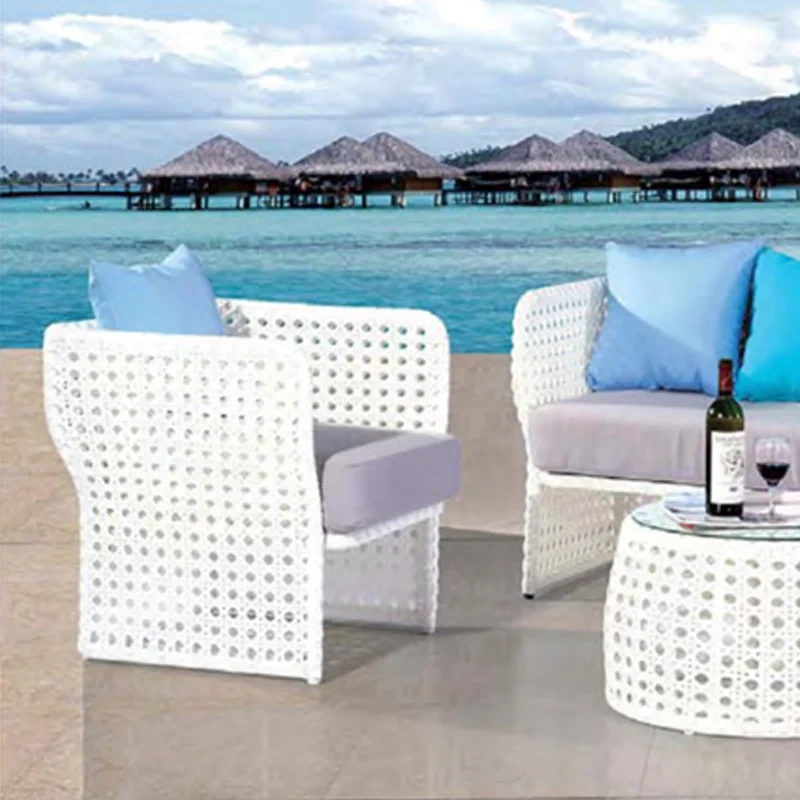 Beachside White Wicker Sofa Set with Circular Glass Coffee Table and Cushions,Beachside White Wicker Sofa Set with Circular Glass Coffee Table and Cushions