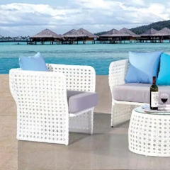 Beachside White Wicker Sofa Set with Circular Glass Coffee Table and Cushions,Beachside White Wicker Sofa Set with Circular Glass Coffee Table and Cushions