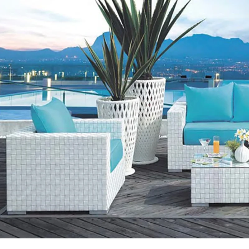 Luxurious White Rattan Patio Sofa Set with Aqua Blue Cushions and Glass Table,Luxurious White Rattan Patio Sofa Set with Aqua Blue Cushions and Glass Table