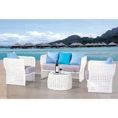 Beachside White Wicker Sofa Set with Circular Glass Coffee Table and Cushions,Beachside White Wicker Sofa Set with Circular Glass Coffee Table and Cushions