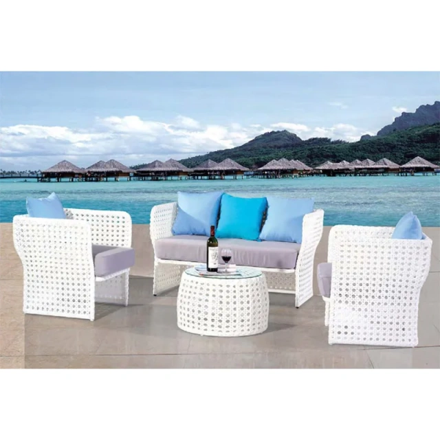 Beachside White Wicker Sofa Set with Circular Glass Coffee Table and Cushions,Beachside White Wicker Sofa Set with Circular Glass Coffee Table and Cushions