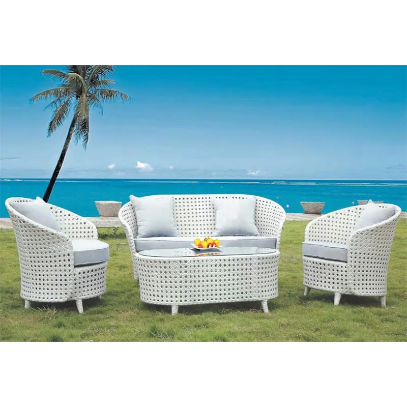 Seaside White Rattan Outdoor Sofa Set with Glass-Top Coffee Table and Cushions,Seaside White Rattan Outdoor Sofa Set with Glass-Top Coffee Table and Cushions