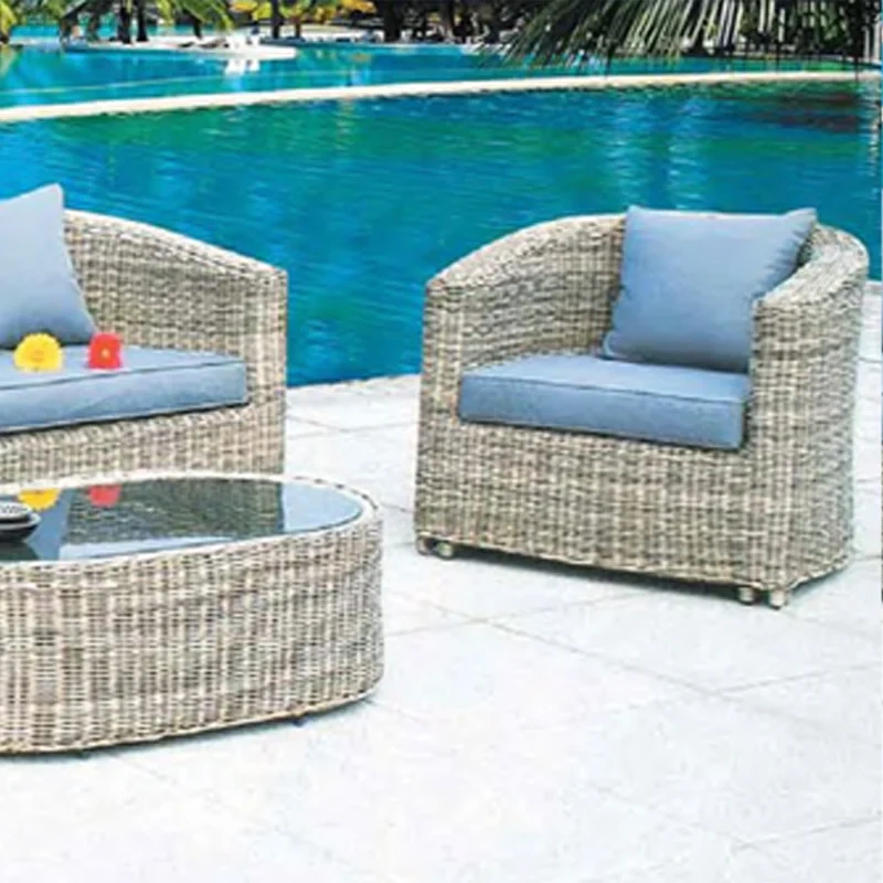 Poolside Wicker Sofa Set with Glass Top Table and Blue Cushions for Outdoor Leisure,Elegant White Wicker Outdoor Sofa Set with Glass Coffee Table for Patio Relaxation