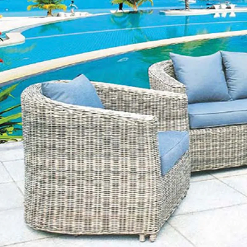 Poolside Wicker Sofa Set with Glass Top Table and Blue Cushions for Outdoor Leisure,Elegant White Wicker Outdoor Sofa Set with Glass Coffee Table for Patio Relaxation