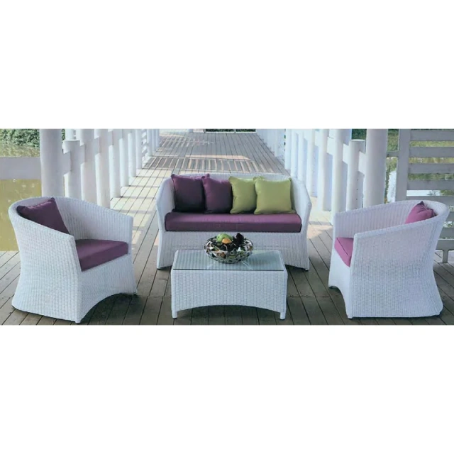 Modern White Rattan Outdoor Sofa Set with Purple Cushions for Patio Relaxation,Modern White Rattan Outdoor Sofa Set with Purple Cushions for Patio Relaxation