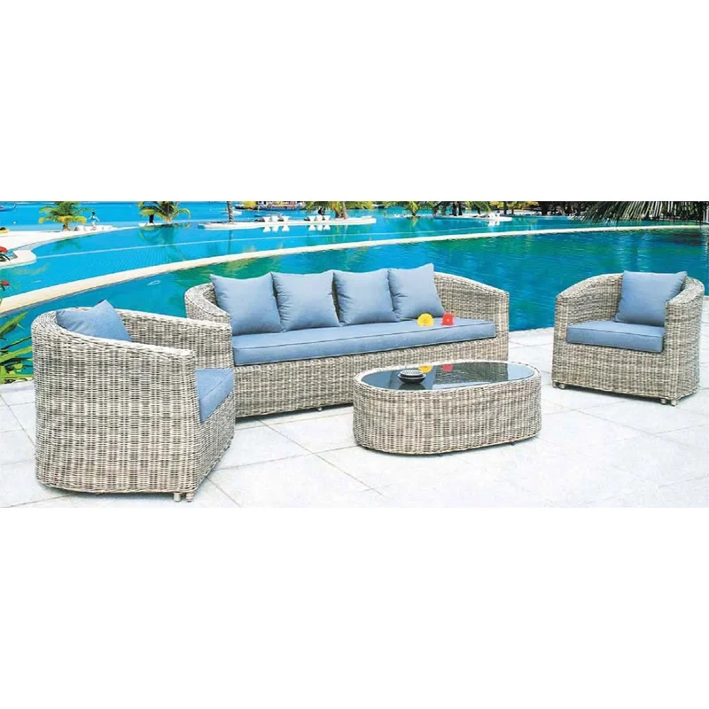 Poolside Wicker Sofa Set with Glass Top Table and Blue Cushions for Outdoor Leisure,Elegant White Wicker Outdoor Sofa Set with Glass Coffee Table for Patio Relaxation