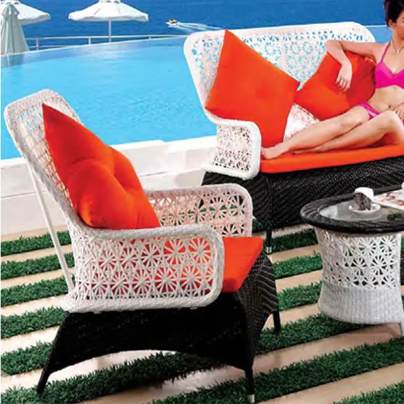 Poolside Rattan Sofa Set with Glass Top Table and Vibrant Cushions,Poolside Rattan Sofa Set with Glass Top Table and Vibrant Cushions