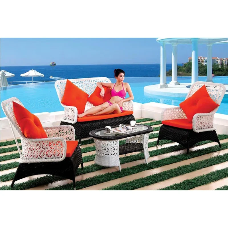 Poolside Rattan Sofa Set with Glass Top Table and Vibrant Cushions,Poolside Rattan Sofa Set with Glass Top Table and Vibrant Cushions