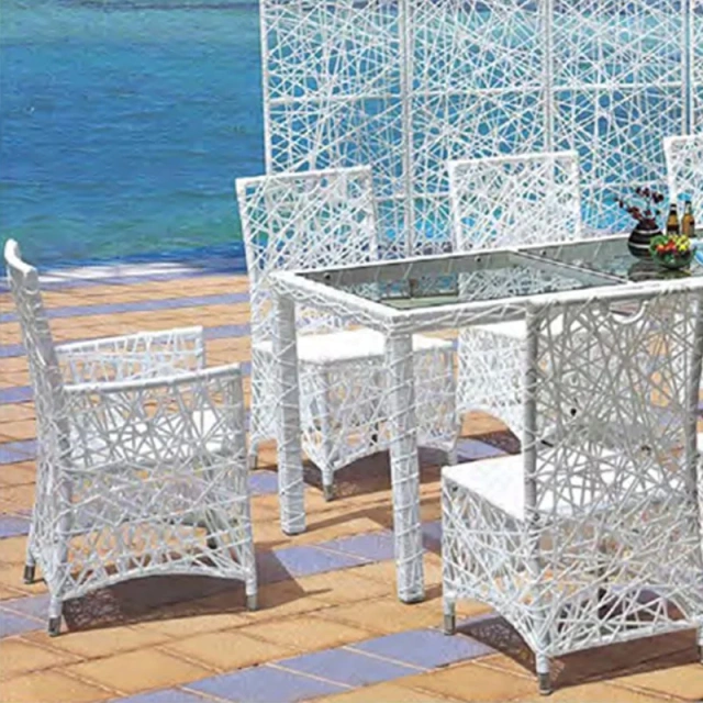 Luxurious White Rattan Outdoor Set with Glass Top and Elegant Backdrop for Beachfront Dining,Luxurious White Rattan Outdoor Set with Glass Top and Elegant Backdrop for Beachfront Dining