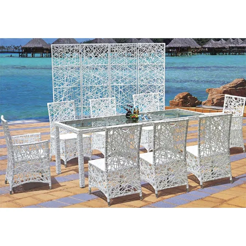 Luxurious White Rattan Outdoor Set with Glass Top and Elegant Backdrop for Beachfront Dining,Luxurious White Rattan Outdoor Set with Glass Top and Elegant Backdrop for Beachfront Dining
