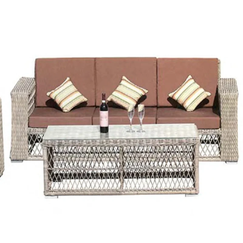 Sophisticated Rattan Outdoor Sofa Set with Glass Top Table and Earthy Brown Cushions,Sophisticated Rattan Outdoor Sofa Set with Glass Top Table and Earthy Brown Cushions