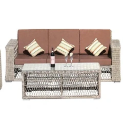 Sophisticated Rattan Outdoor Sofa Set with Glass Top Table and Earthy Brown Cushions,Sophisticated Rattan Outdoor Sofa Set with Glass Top Table and Earthy Brown Cushions