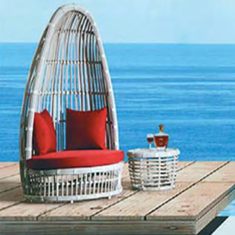 Oceanfront Rattan Daybed Set with Red Cushions for a Relaxing Seaside Retreat,Oceanfront Rattan Daybed Set with Red Cushions for a Relaxing Seaside Retreat