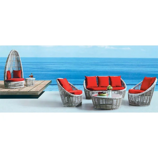 Oceanfront Rattan Daybed Set with Red Cushions for a Relaxing Seaside Retreat,Oceanfront Rattan Daybed Set with Red Cushions for a Relaxing Seaside Retreat
