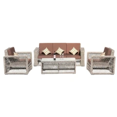 Sophisticated Rattan Outdoor Sofa Set with Glass Top Table and Earthy Brown Cushions,Sophisticated Rattan Outdoor Sofa Set with Glass Top Table and Earthy Brown Cushions