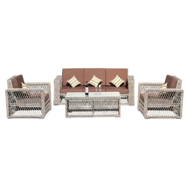Sophisticated Rattan Outdoor Sofa Set with Glass Top Table and Earthy Brown Cushions,Sophisticated Rattan Outdoor Sofa Set with Glass Top Table and Earthy Brown Cushions