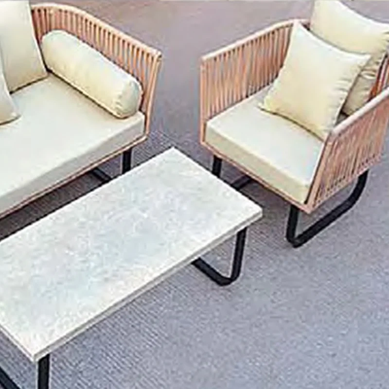 Trendy Natural Rattan Outdoor Sofa Set with Beige Cushions and Stone Top Coffee Table,Trendy Natural Rattan Outdoor Sofa Set with Beige Cushions and Stone Top Coffee Table