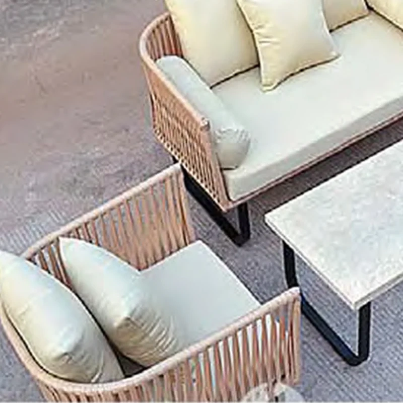 Trendy Natural Rattan Outdoor Sofa Set with Beige Cushions and Stone Top Coffee Table,Trendy Natural Rattan Outdoor Sofa Set with Beige Cushions and Stone Top Coffee Table