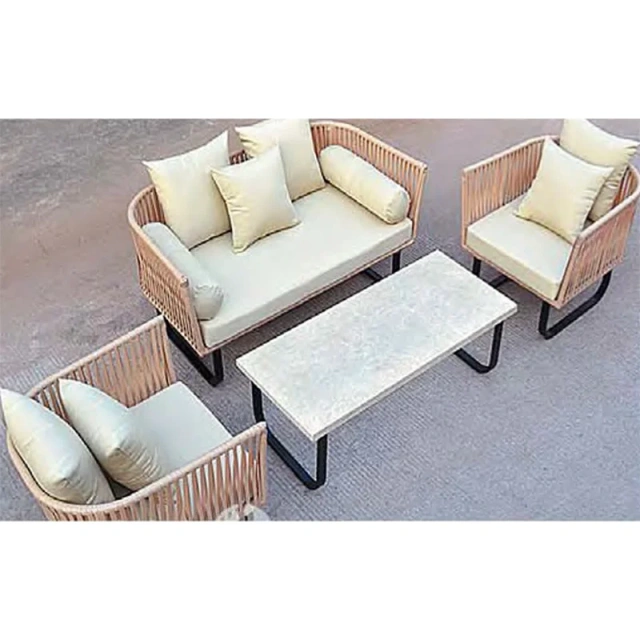 Trendy Natural Rattan Outdoor Sofa Set with Beige Cushions and Stone Top Coffee Table,Trendy Natural Rattan Outdoor Sofa Set with Beige Cushions and Stone Top Coffee Table