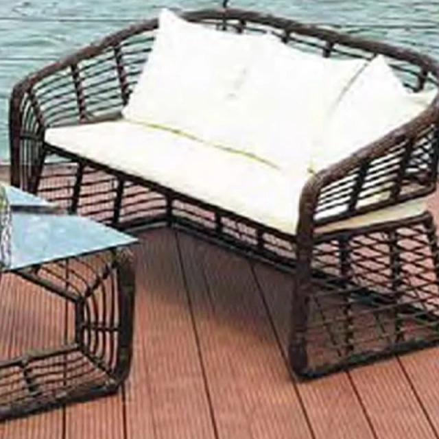 Elegant Dark Brown Rattan Outdoor Sofa Set with Glass Top Table and Plush White Cushions,Elegant Dark Brown Rattan Outdoor Sofa Set with Glass Top Table and Plush White Cushions