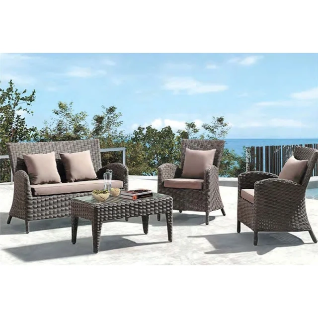 Sleek Dark Brown Wicker Outdoor Sofa Set with Glass Table and Taupe Cushions for Patio Comfort,Sleek Dark Brown Wicker Outdoor Sofa Set with Glass Table and Taupe Cushions for Patio Comfort