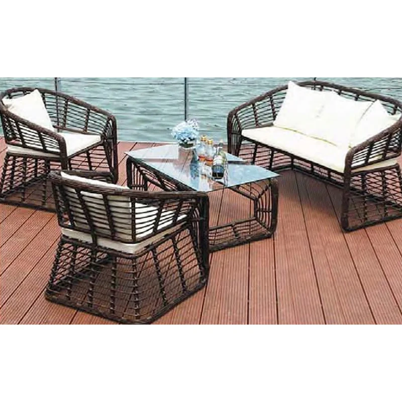 Elegant Dark Brown Rattan Outdoor Sofa Set with Glass Top Table and Plush White Cushions,Elegant Dark Brown Rattan Outdoor Sofa Set with Glass Top Table and Plush White Cushions