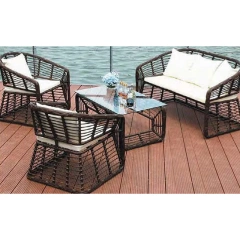 Elegant Dark Brown Rattan Outdoor Sofa Set with Glass Top Table and Plush White Cushions,Elegant Dark Brown Rattan Outdoor Sofa Set with Glass Top Table and Plush White Cushions