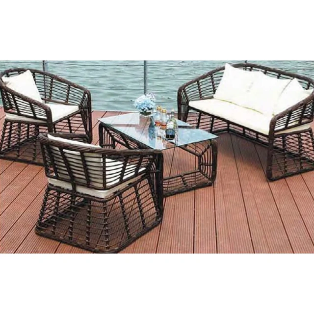 Elegant Dark Brown Rattan Outdoor Sofa Set with Glass Top Table and Plush White Cushions,Elegant Dark Brown Rattan Outdoor Sofa Set with Glass Top Table and Plush White Cushions