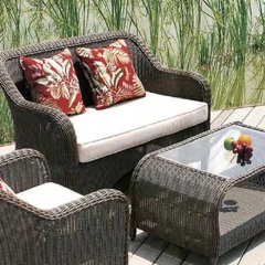 Cozy Dark Gray Rattan Outdoor Sofa Set with White Cushions and Patterned Throw Pillows,Cozy Dark Gray Rattan Outdoor Sofa Set with White Cushions and Patterned Throw Pillows