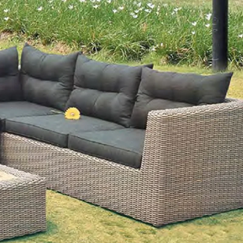 Luxurious Dark Gray Rattan Outdoor Sectional Sofa Set with Black Cushions and Wooden Coffee Table,Luxurious Dark Gray Rattan Outdoor Sectional Sofa Set with Black Cushions and Wooden Coffee Table