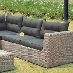 Luxurious Dark Gray Rattan Outdoor Sectional Sofa Set with Black Cushions and Wooden Coffee Table,Luxurious Dark Gray Rattan Outdoor Sectional Sofa Set with Black Cushions and Wooden Coffee Table